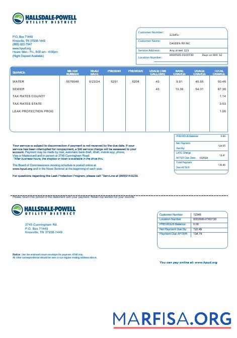 Printable USA Hallsdale Powell business utility bill template in Word and PDF formats
